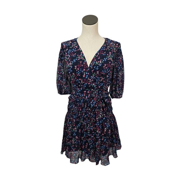NWT Ted Baker Navy Casadee Ditsy Print Puff Sleeve‎ Smocked Mini Dress Size 0 XS - Picture 1 of 12